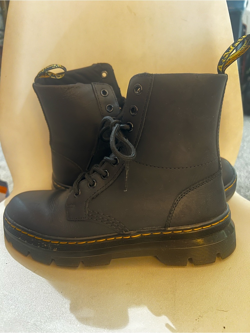 Black Dr. Martens Airwait Lace-Up Combat Boots with Yellow Stitching
